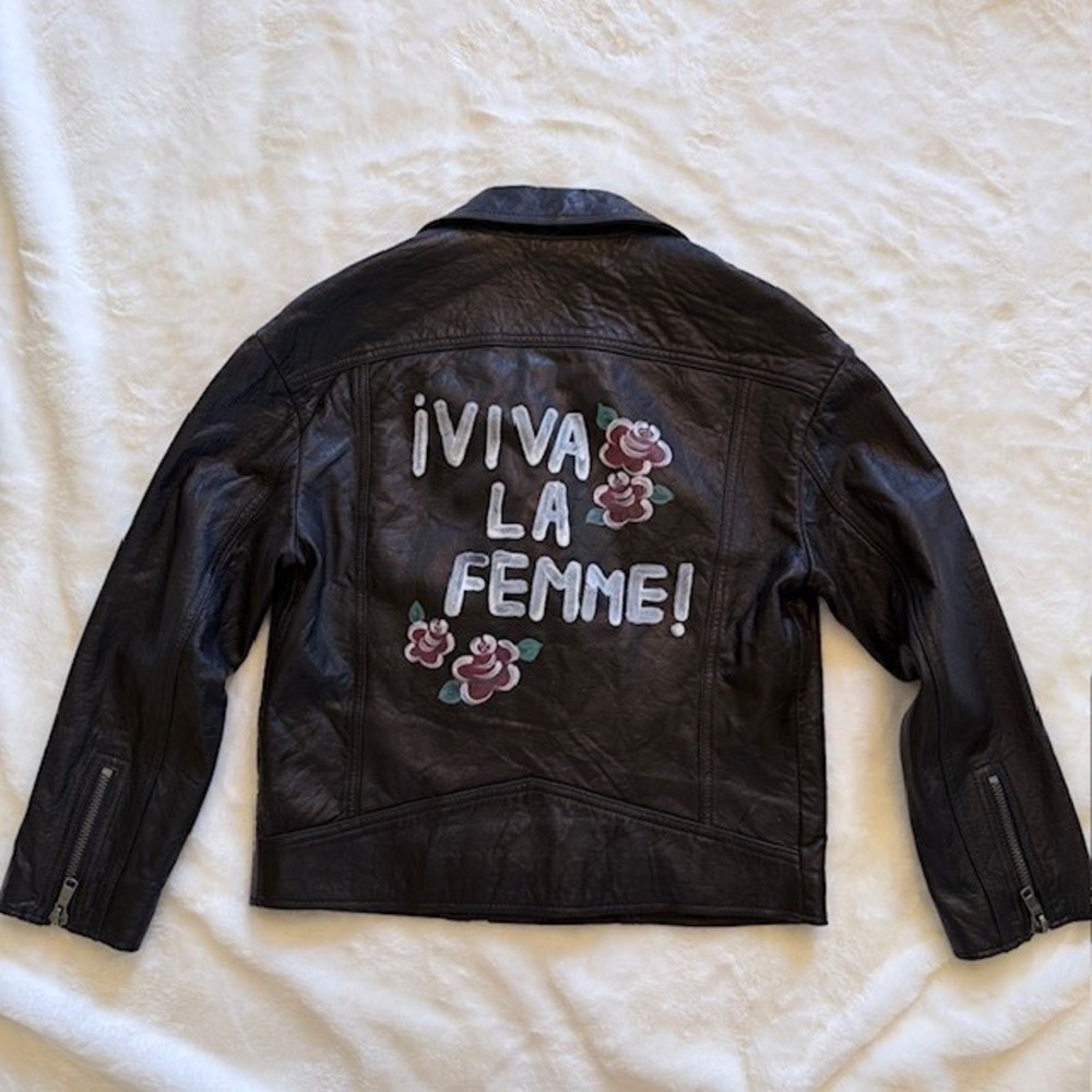 Joie Viva La Femme Black Lamb Leather Moto Jacket Floral Graphic  Size M - Picture 8 of 11